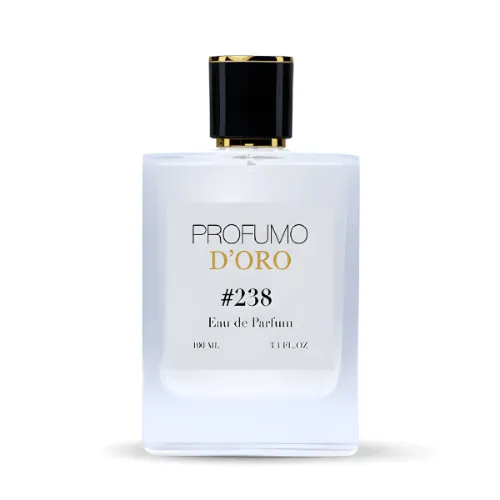Verpackung von Profumo Doro #238 – schwarzes Design mit metallischem Glanz, Symbol für Stärke, Abenteuer und Sti